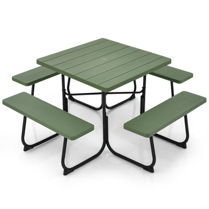 Outdoor Picnic Table 8-Person, Square HDPE Table with 4 Built-in Benches, Umbrella Hole, Metal Frame, Backyard Patio Garden Bench Set Grey/Green