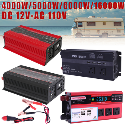 DC to AC Inverter 4000W 5500W 6500W 16000W Peak DC 12V to AC 110V High Power Car Inverter with USB Ports US Sockets Cooling Fan Overload Protection for RV Truck Outdoor Emergency