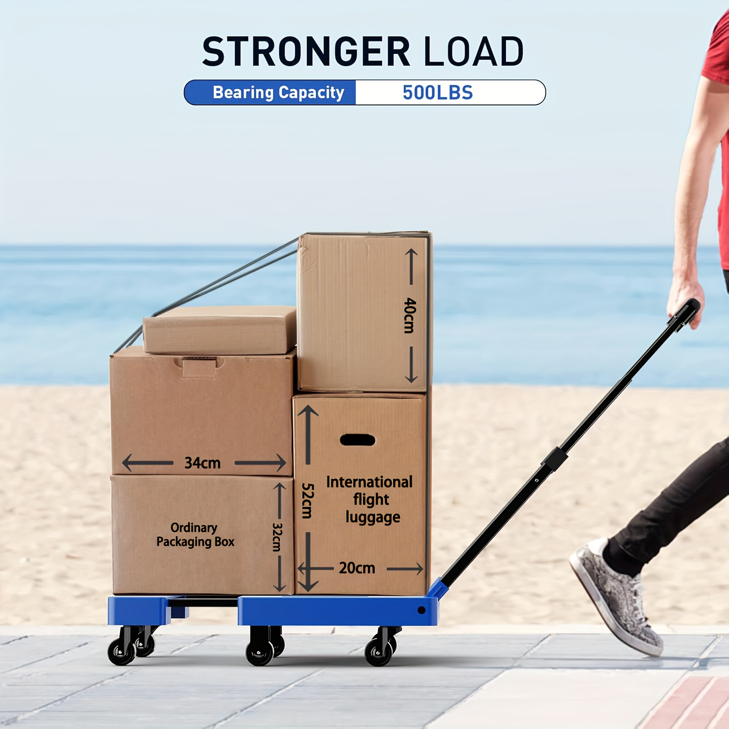 Folding Hand Truck Dolly 500LB Heavy Duty, Collapsible Luggage Cart with 6 Wheels & 2 Elastic Straps for Moving, Travel, Shopping, Office & Warehouse
