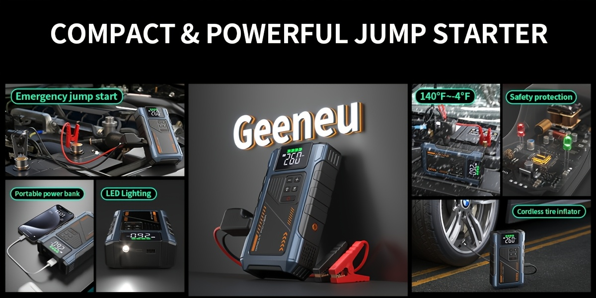 Jump Starter with Air Compressor 5000A Peak 150PSI Tire Inflator 5-in-1 Portable Car Battery Jump Pack for 8.0L Gas 6.5L Diesel Engine Digital Display Smart Cables 12V Power Bank
