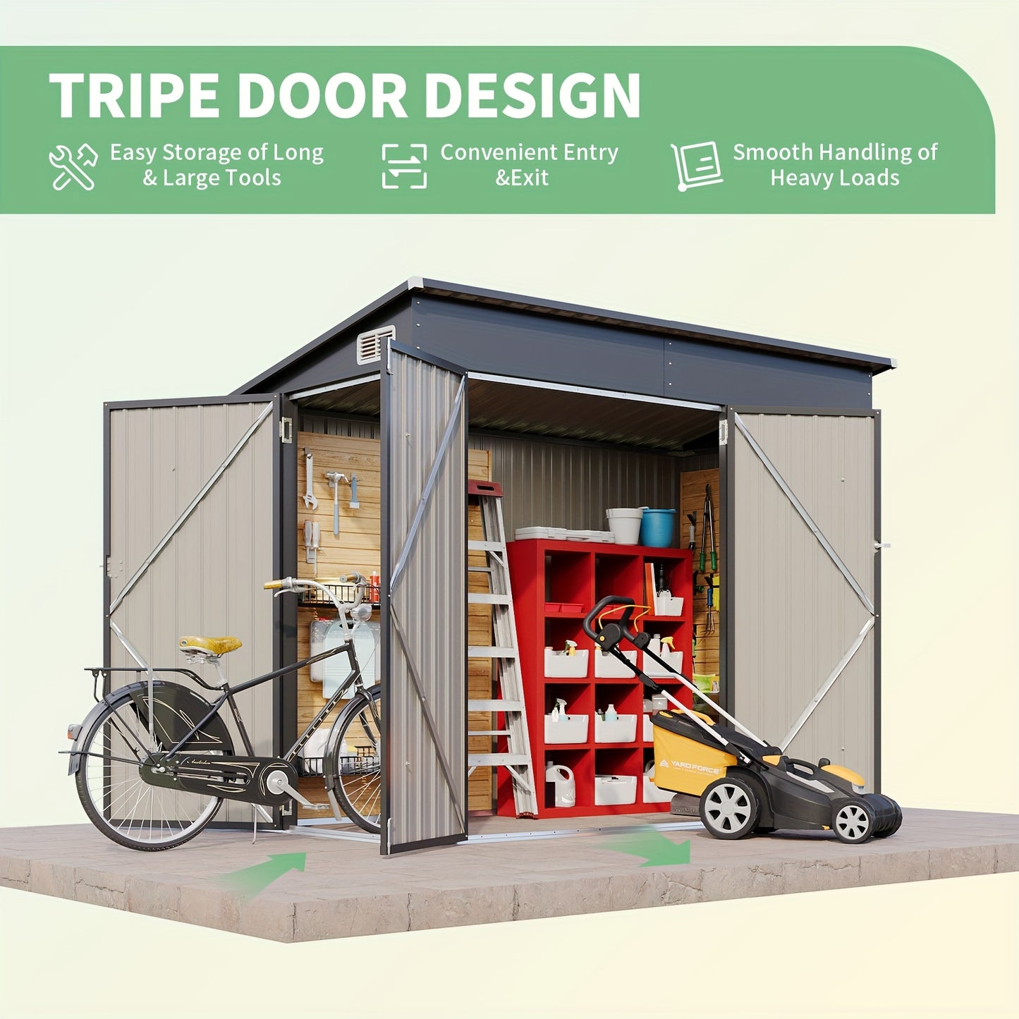 Storage Shed | Outdoor Steel Triple Door Sloped Roof Bike Garden Tools