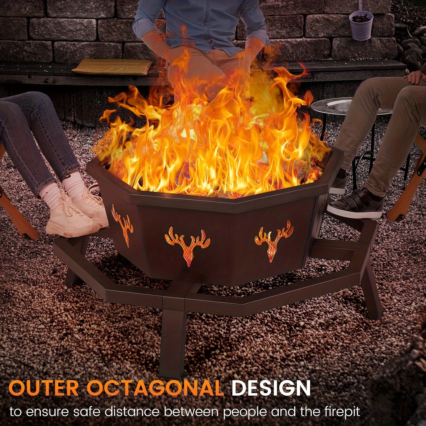 Outdoor Fire Pit 35 Inch Octagonal Wood Burning Fire Pit with Spark Screen, Poker & Grate for Backyard Patio Camping Bonfire