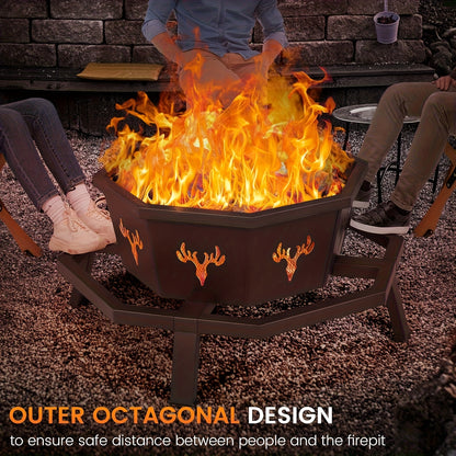 Outdoor Fire Pit 35 Inch Octagonal Wood Burning Fire Pit with Spark Screen, Poker & Grate for Backyard Patio Camping Bonfire
