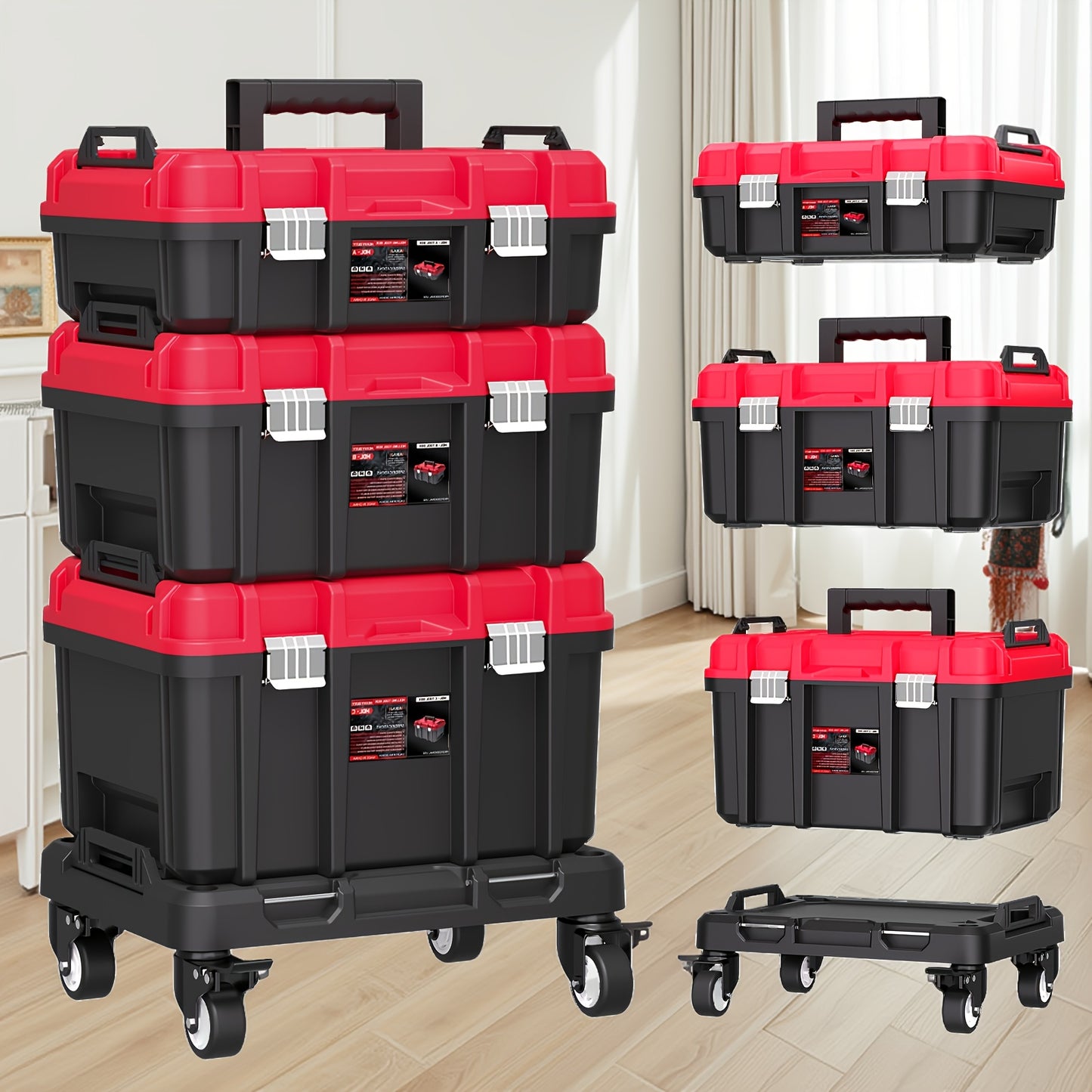 Rolling Tool Box with Wheels 3-Tier Stackable Organizer | Lockable Compartments, Connected Storage, 17" Large Plastic Toolbox for Garage, Home & Professional Work