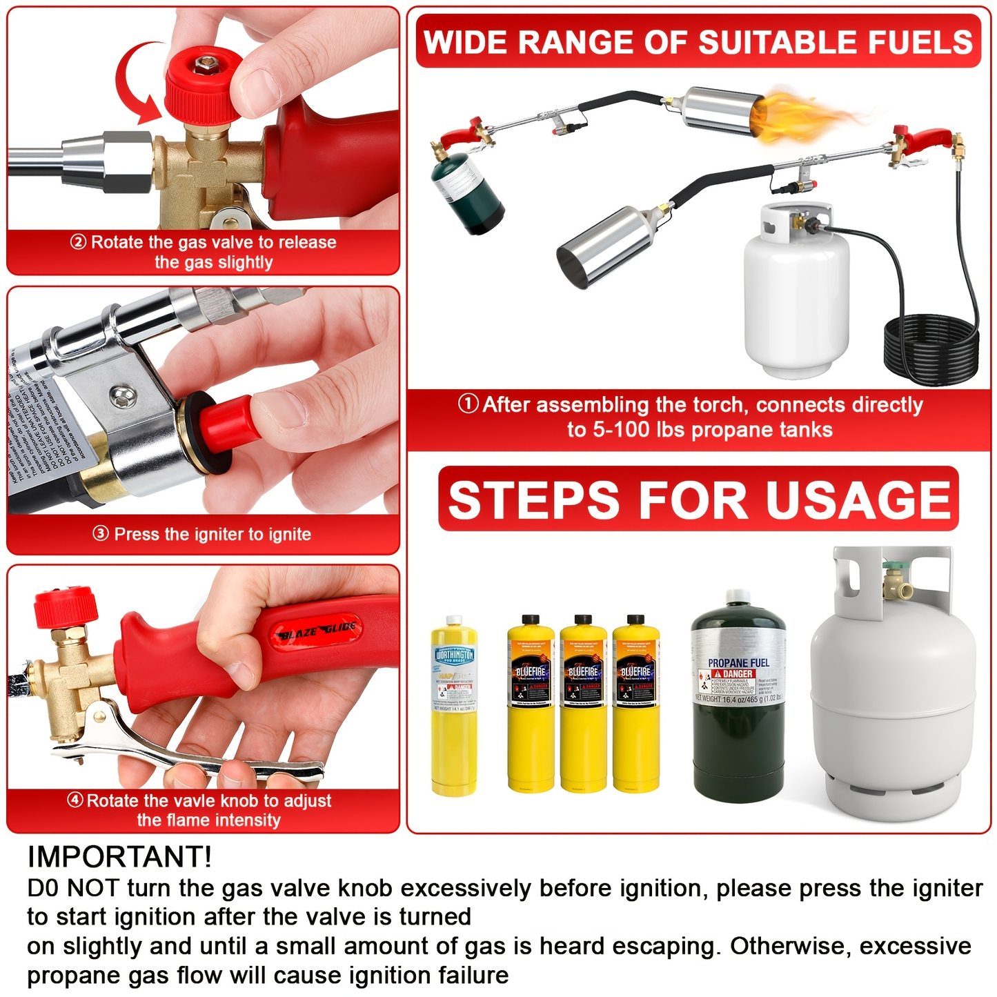 Weed Burner Torch Propane with 10ft Hose & Turbine Trigger, High-Output Flame Weeder with 1lb Cylinder Converter for Garden Weeding, Ice & Snow Melting, Wood Burning, Outdoor Use – Gas Tank Not Included