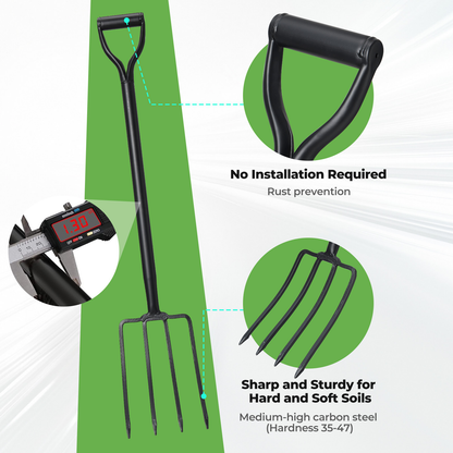 Garden Fork Heavy Duty 4-Tine - 42-Inch Long Handle Spading Fork with Ergonomic Non-Slip Grip for Turning Compost, Aerating Lawn, Loosening Soil & Planting Vegetables in Backyard Garden