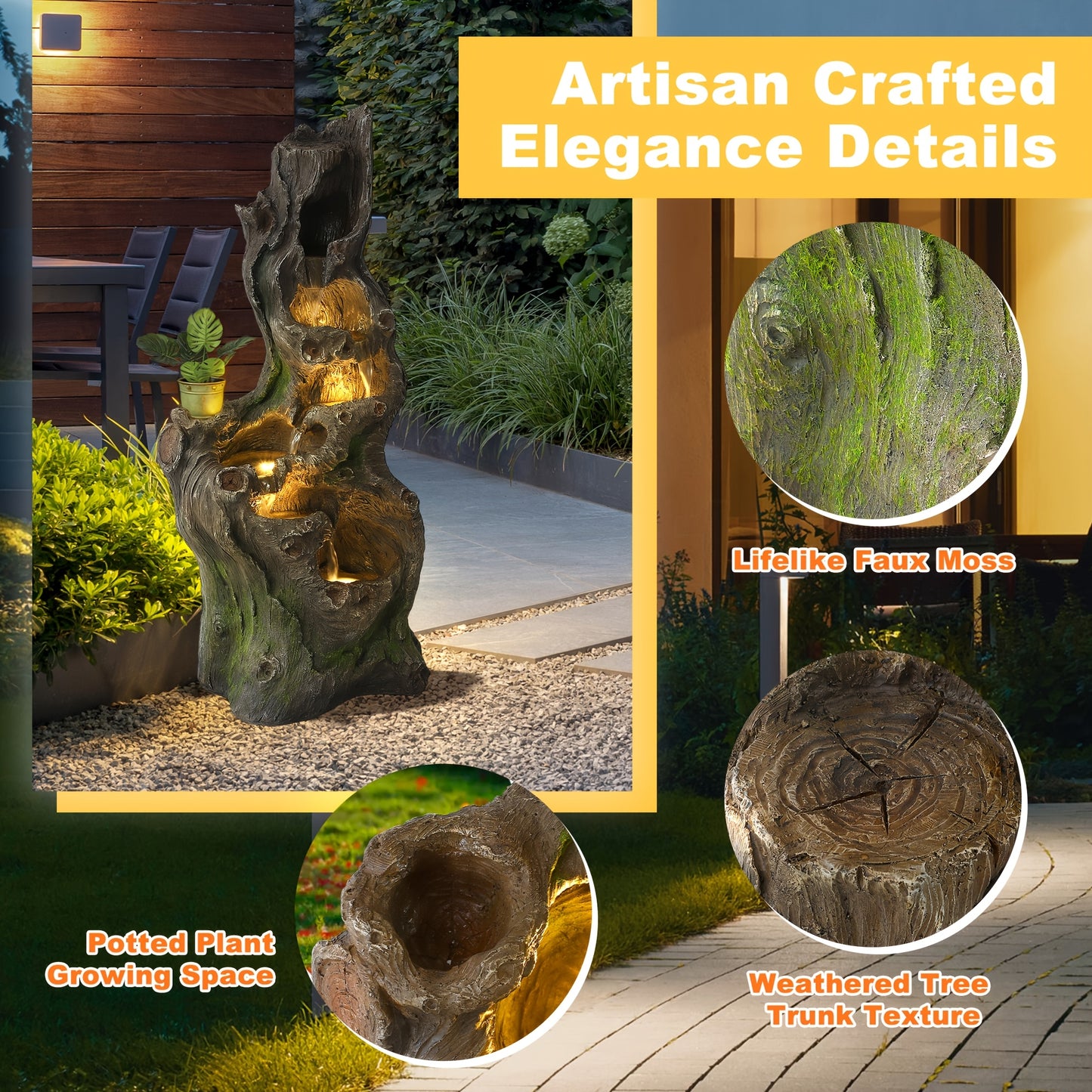 Outdoor Water Fountain 40 Inch 6-Tier Cascading Tree Trunk Waterfall with LED Lights Resin for Garden Patio Yard