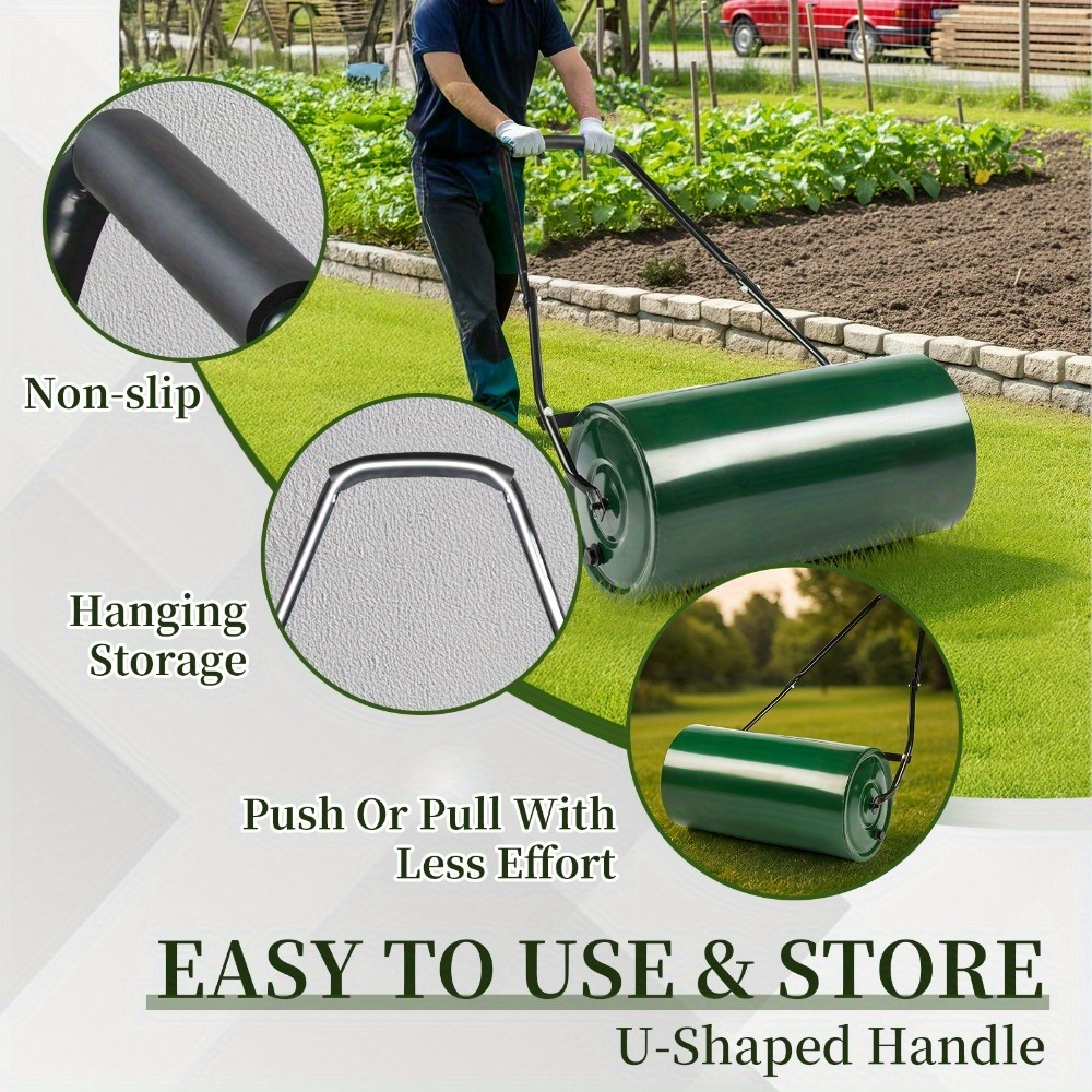 Lawn Roller 24" Heavy Duty Steel Fillable with Water or Sand, Push-Pull Dual Operation, Ergonomic U-Handle & Foam Grip for Leveling Seeding Compacting Yard Garden