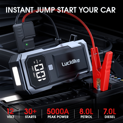 Battery Jump Starter 5000A 3000A Peak for Gas Diesel Engines QC3.0 18W Fast Charge USB-C Recharge Digital Display LED Light Intelligent Clamps Power Bank