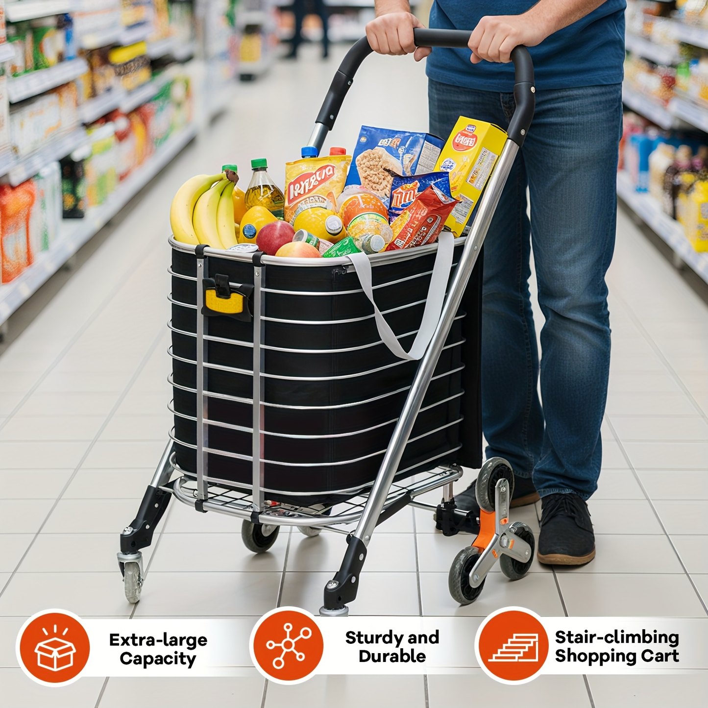 Stair Climbing Cart Collapsible Shopping Trolley with Swivel Wheels & Night Light, Portable Folding Utility Cart for Supermarket Camping Groceries Indoor Outdoor Use