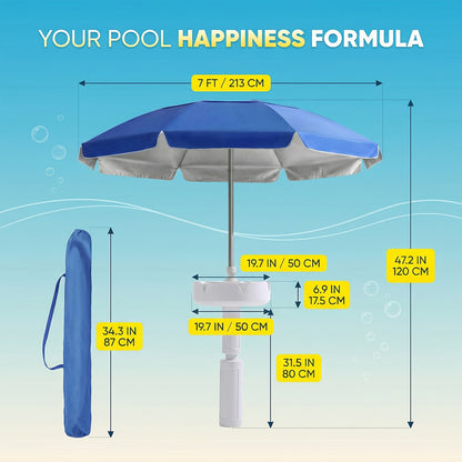Pool Umbrella 7ft Floating for In-Pool Use, Portable Sun Shade with Base, Cup Holder & Carry Bag, UV Protection Sun Shelter for Swimming Pool, Beach & Lake, Blue