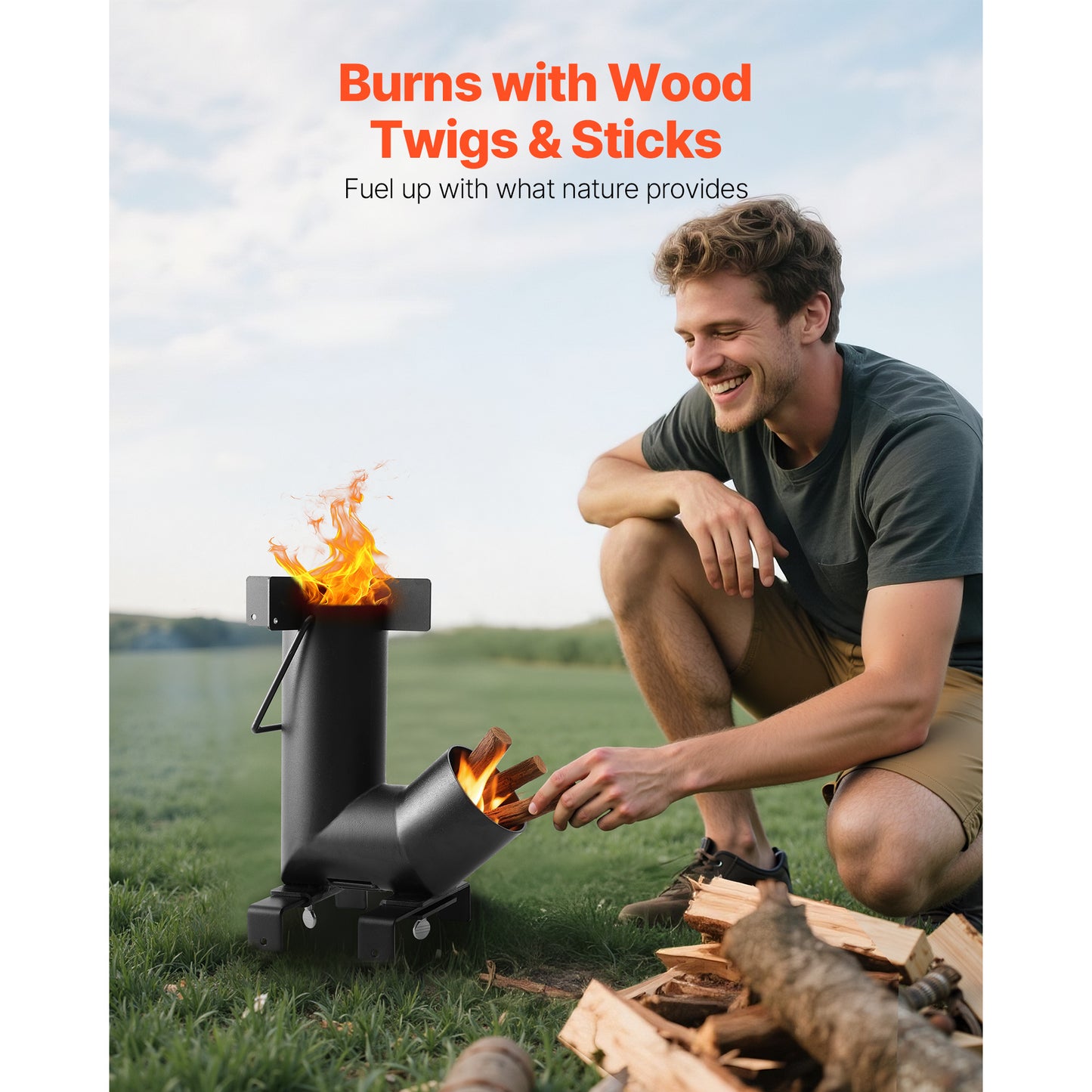 Rocket Stove Wood Burning Portable Camping Stove Carbon Steel Cast Iron Top with Storage Bag Outdoor Cooking Stove