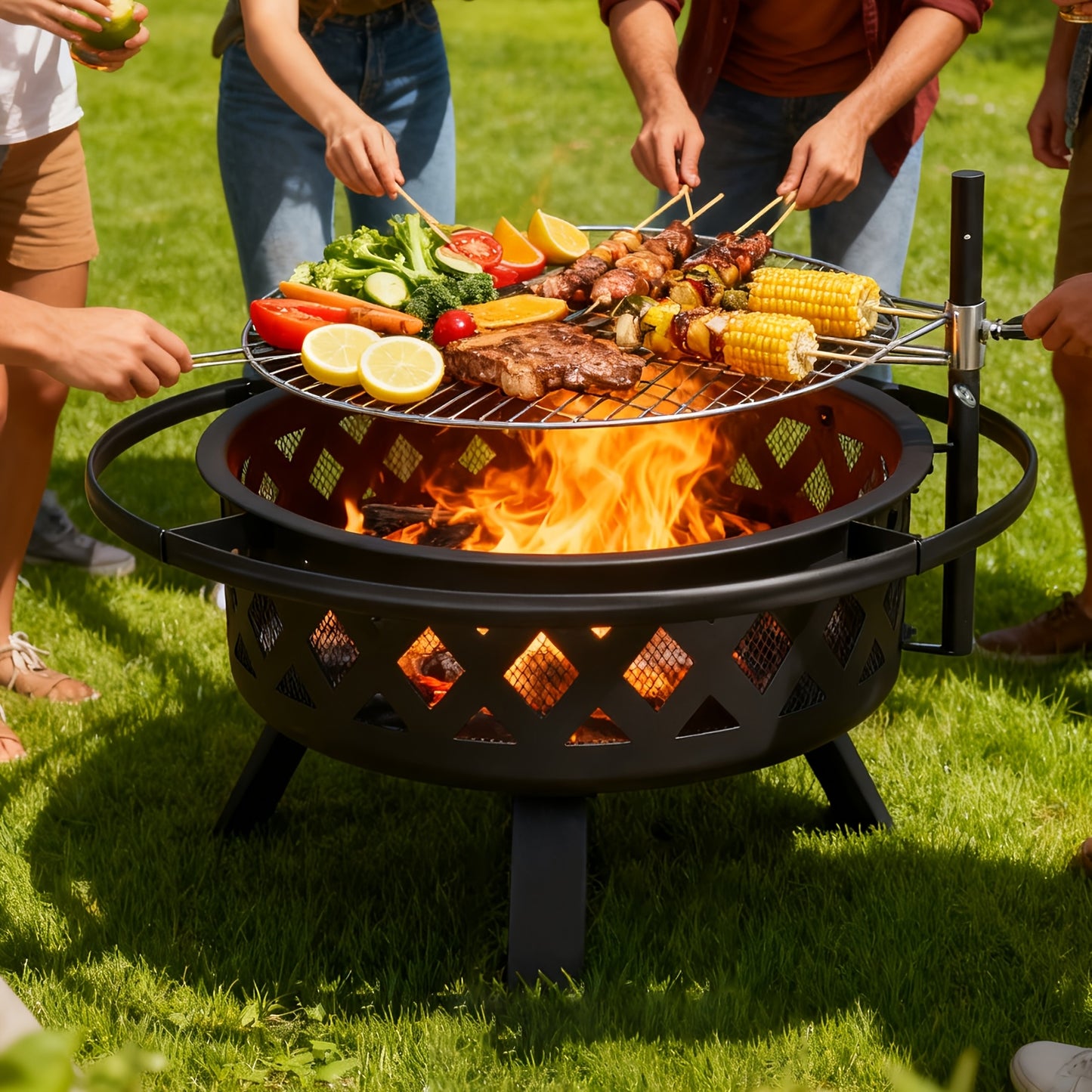 30 Inch Large Outdoor Fire Pit with Grill Grate, Steel Wood Burning Fire Bowl for Backyard Patio Garden BBQ Camping Picnic, Charcoal Log Burner Heater