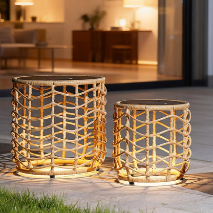 Outdoor Wicker Nesting Side Tables Set of 2 PE Rattan End Tables with Tempered Glass Top UV Resistant Waterproof Patio Balcony Deck Furniture