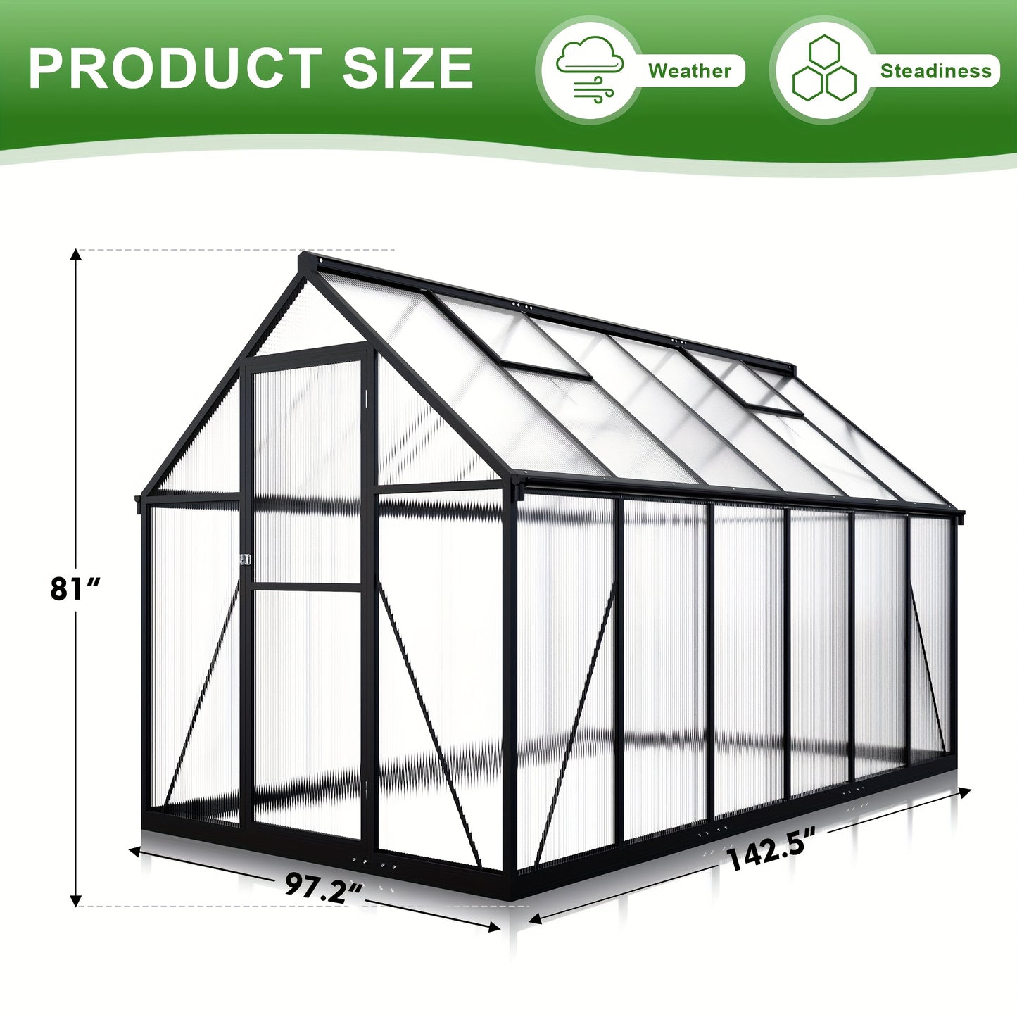Polycarbonate Greenhouse Walk-In Aluminum Frame 720g PC Panels, 90% UV Protection, 5-Speed Roof Vents & Lockable Door for Backyard Year-Round Gardening, Multiple Sizes
