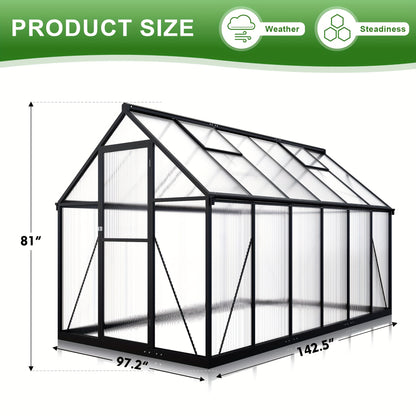 Polycarbonate Greenhouse Walk-In Aluminum Frame 720g PC Panels, 90% UV Protection, 5-Speed Roof Vents & Lockable Door for Backyard Year-Round Gardening, Multiple Sizes