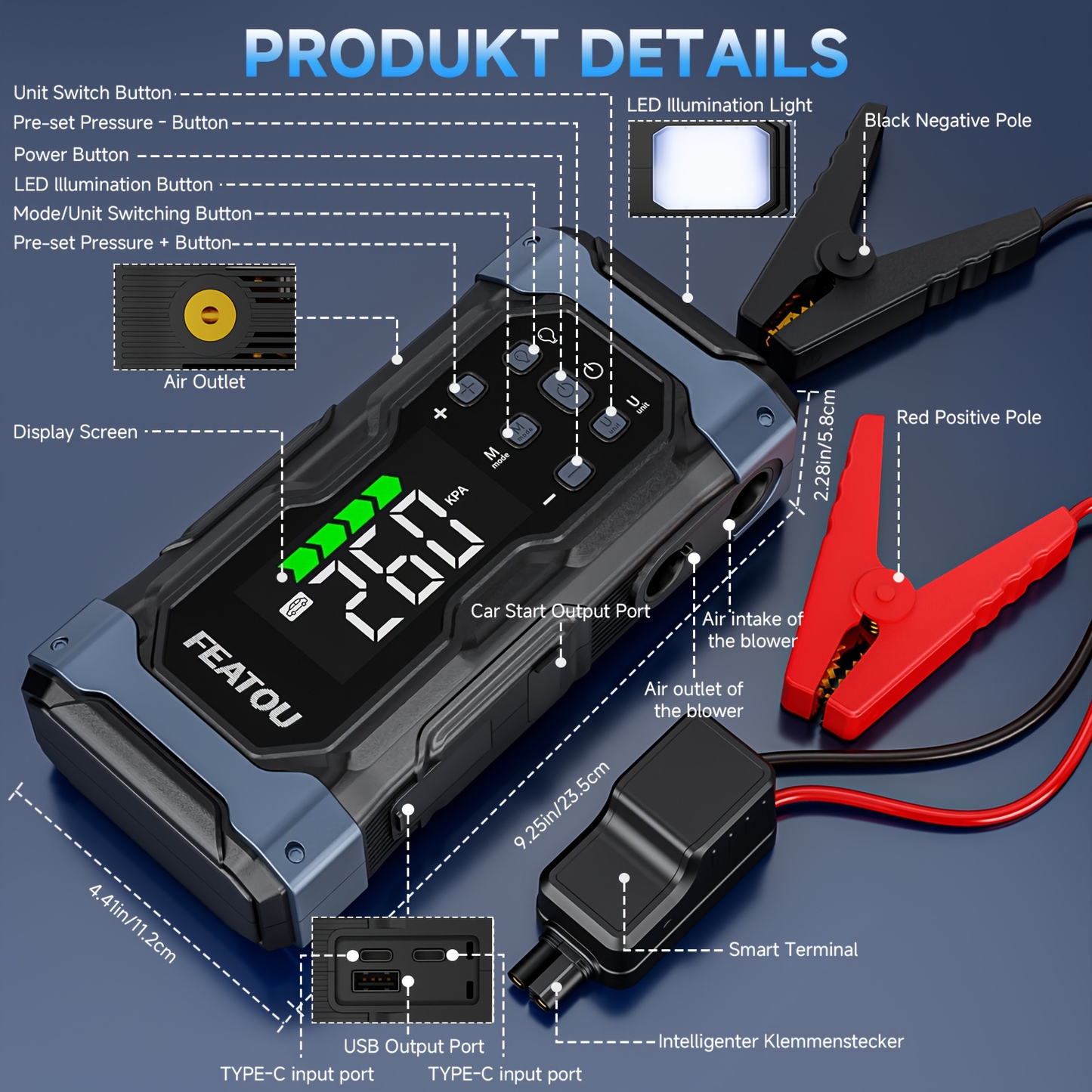Heavy Duty Jump Starter 20000mAh 9-in-1 with Air Compressor Tire Inflator for All Gas 3.7gal Diesel Large SUV Pickup 12V USB-A USB-C Digital Display