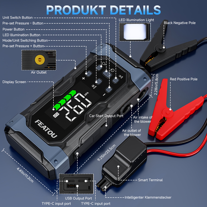 Heavy Duty Jump Starter 20000mAh 9-in-1 with Air Compressor Tire Inflator for All Gas 3.7gal Diesel Large SUV Pickup 12V USB-A USB-C Digital Display