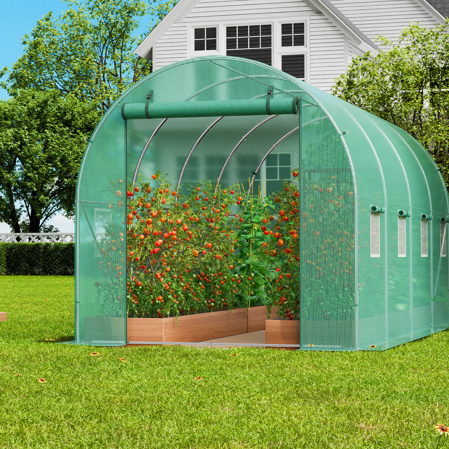 Tunnel Greenhouse Heavy Duty Galvanized Frame 140g/m² PE Cover, 6 Vent Windows Walk-In Hoop House for Garden & Farm, Multiple Sizes