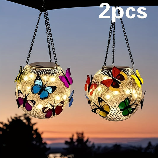 Solar Butterfly Lantern Hanging Garden Light 2-Pack Metal Iron