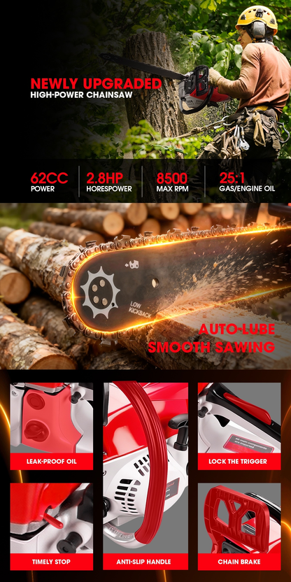 62CC Gas Chainsaw 20 Inch – 2-Stroke Engine, Anti-Vibration, Logging & Farm