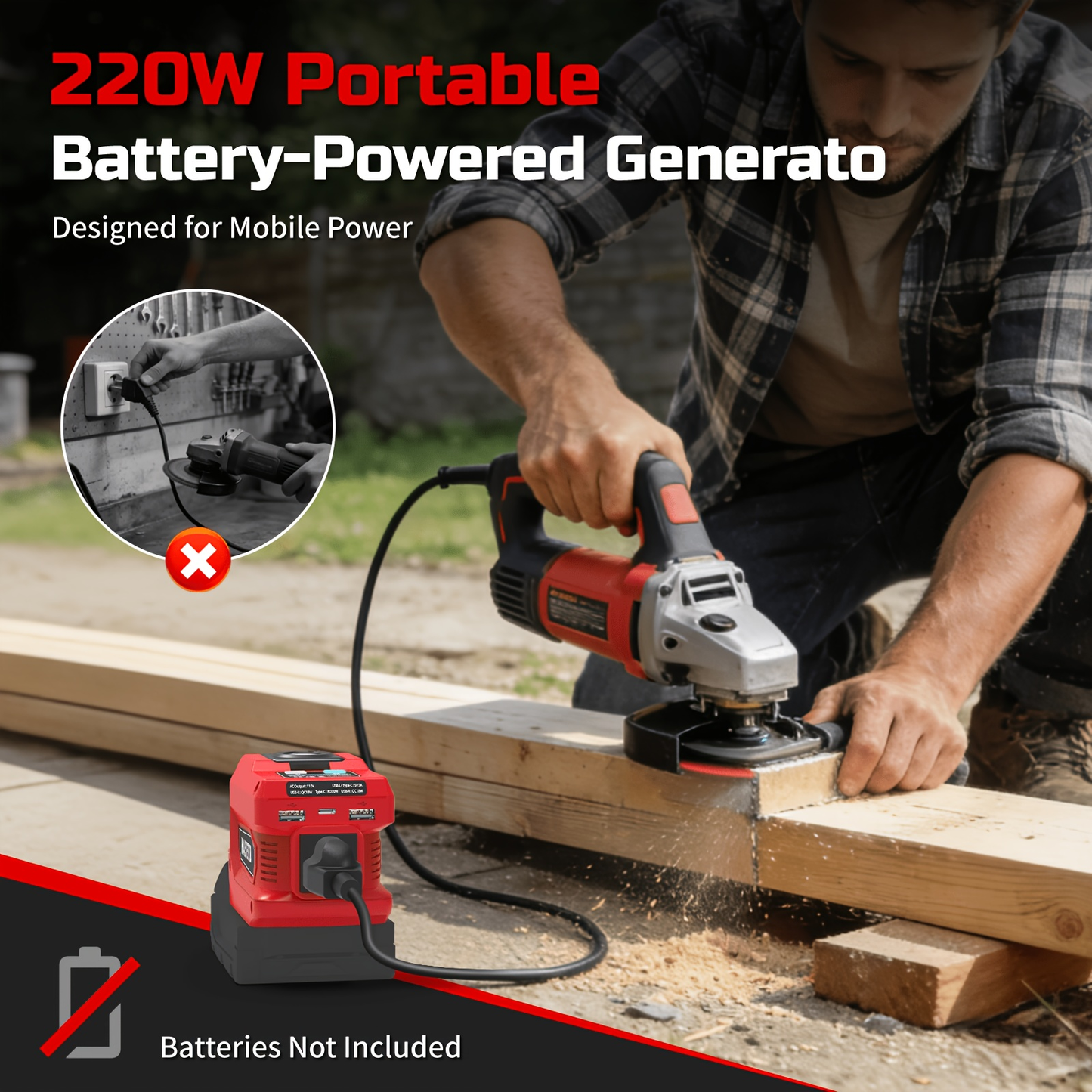 Power Inverter 220W for 18V Battery - DC 18V to AC 110V Portable Generator for Camping, Emergency, Mobile Work, Compatible with Ryobi Milwaukee (Battery Not Included)