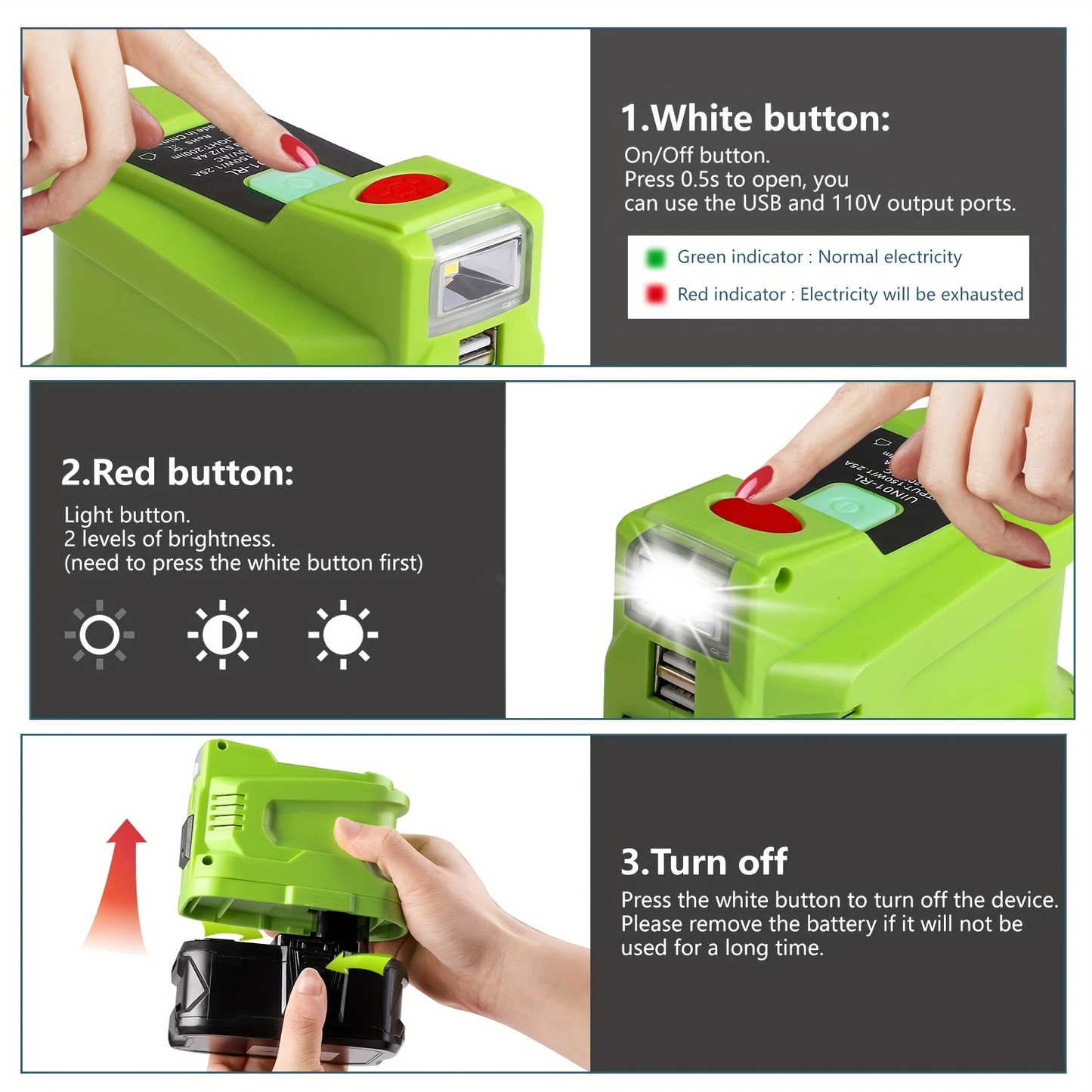 Power Inverter for RYOBI 18V Battery | 150W AC Outlet, 2 USB Ports, LED Light, DC 18V to AC 110V Modified Sine Wave, Compatible P102 P108 P190 Camping Emergency