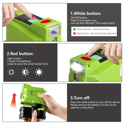 Power Inverter for RYOBI 18V Battery | 150W AC Outlet, 2 USB Ports, LED Light, DC 18V to AC 110V Modified Sine Wave, Compatible P102 P108 P190 Camping Emergency
