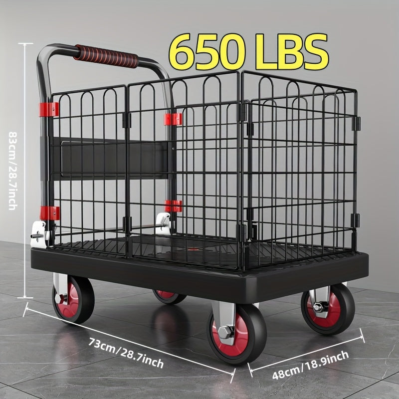 Folding Platform Cart with Removable Cage & Silent Wheels, 400-900 lbs Capacity, Anti-Skid Deck, Telescopic Handle for Moving, Warehouse and Storage