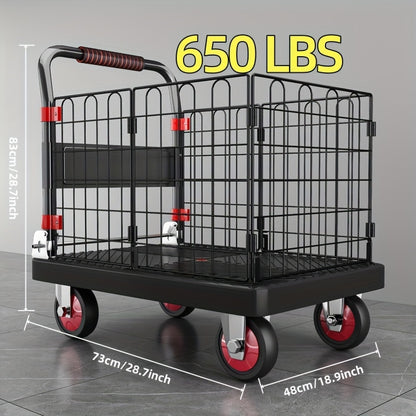 Folding Platform Cart with Removable Cage & Silent Wheels, 400-900 lbs Capacity, Anti-Skid Deck, Telescopic Handle for Moving, Warehouse and Storage