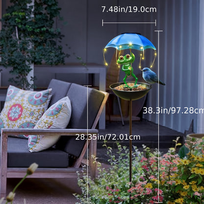 Solar Frog Statue Garden Light with Bird Feeder & LED String Decor