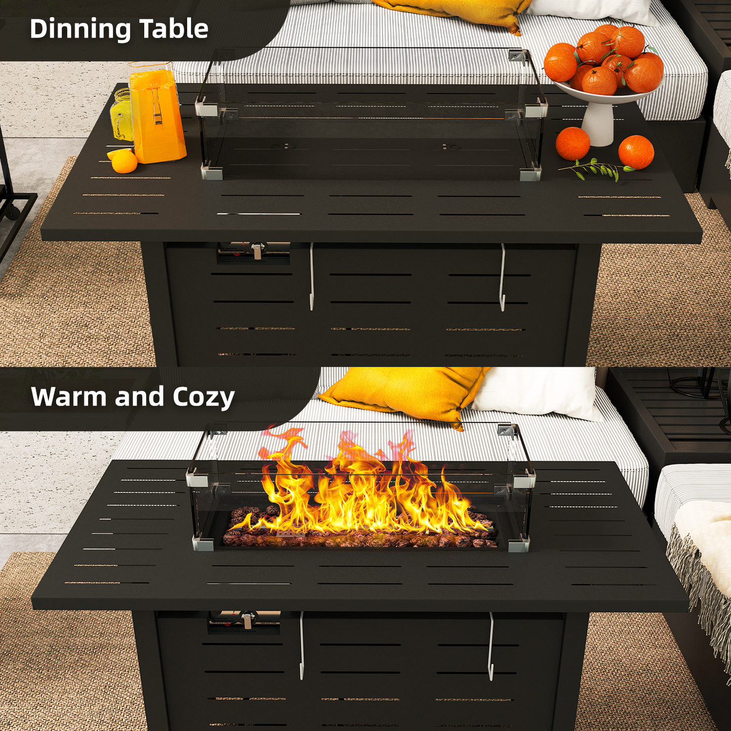 Propane Fire Pit Table Outdoor 50,000 BTU Gas Fire Table with Lid Lava Rocks & Waterproof Cover for Patio Backyard Deck Black Brown 40"/44"