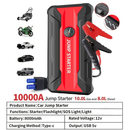 Car Jump Starter 10000A 7-in-1 Portable Battery Booster with Air Pump, Digital Tire Inflator 150PSI, LED Emergency Light for Gas & Diesel Vehicles