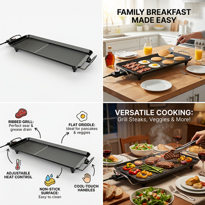 Indoor Electric Grill Smokeless – Non-Stick BBQ Griddle with Adjustable Temperature & Drip Tray, Extra-Large Extended / Medium / Large Roasting Pan, Multifunctional Indoor & Outdoor Barbecue – Holiday Gift Idea