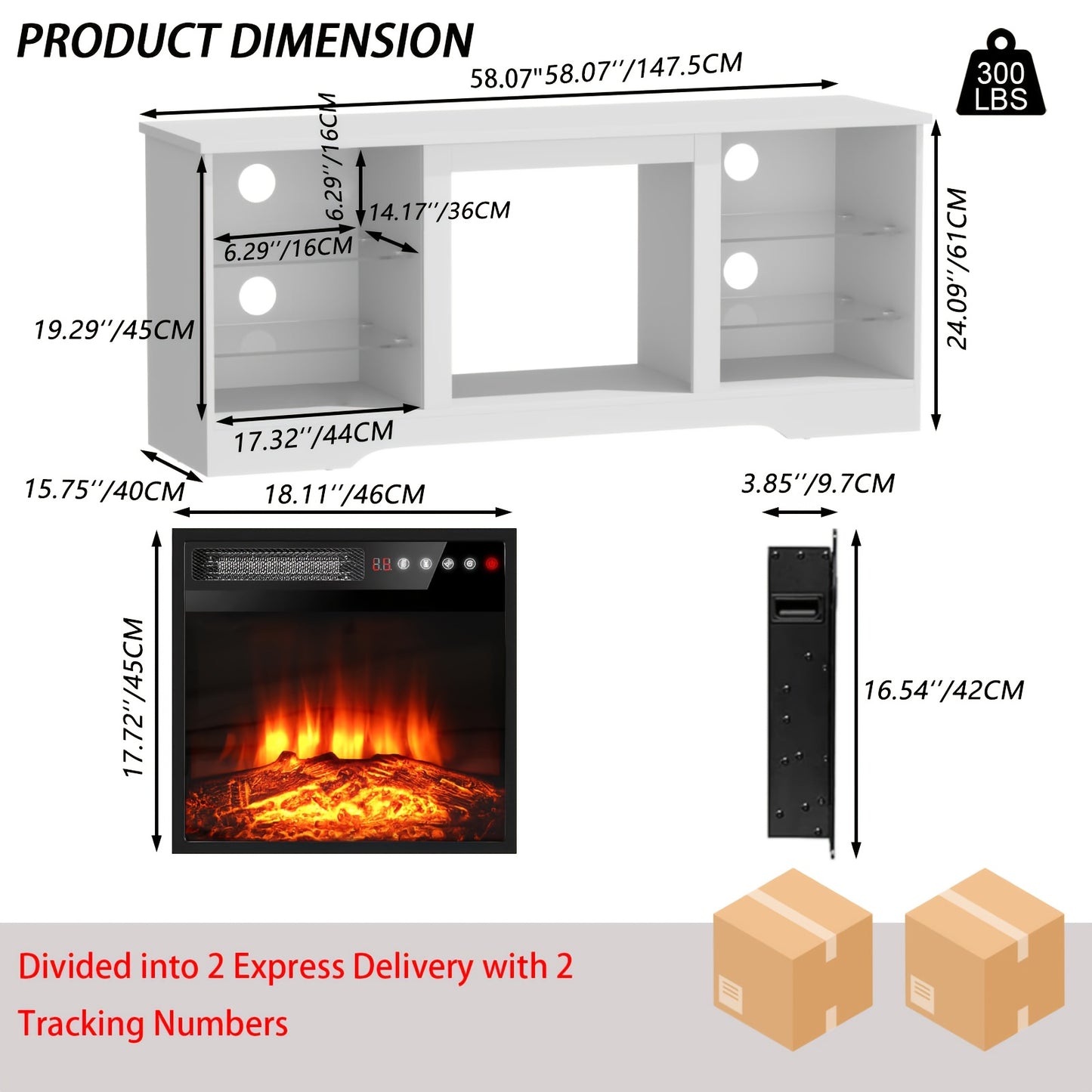 Electric Fireplace TV Stand 58 Inch Entertainment Center with 18" Fireplace Heater 16-Color LED Glass Shelves Storage Cabinets for TVs up to 65"
