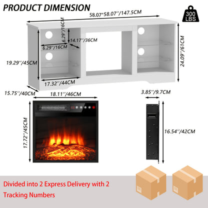 Electric Fireplace TV Stand 58 Inch Entertainment Center with 18" Fireplace Heater 16-Color LED Glass Shelves Storage Cabinets for TVs up to 65"