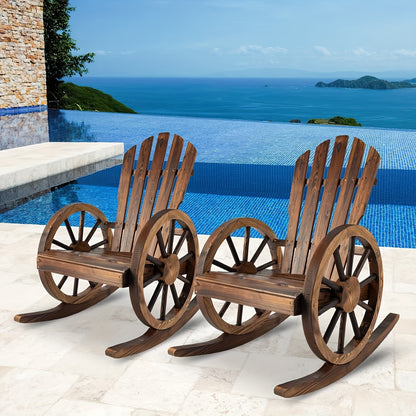 Outdoor Wood Rocking Chair Set – Patio Wagon Wheel Rustic Rocker with Side Table for Porch, Yard & Country Garden