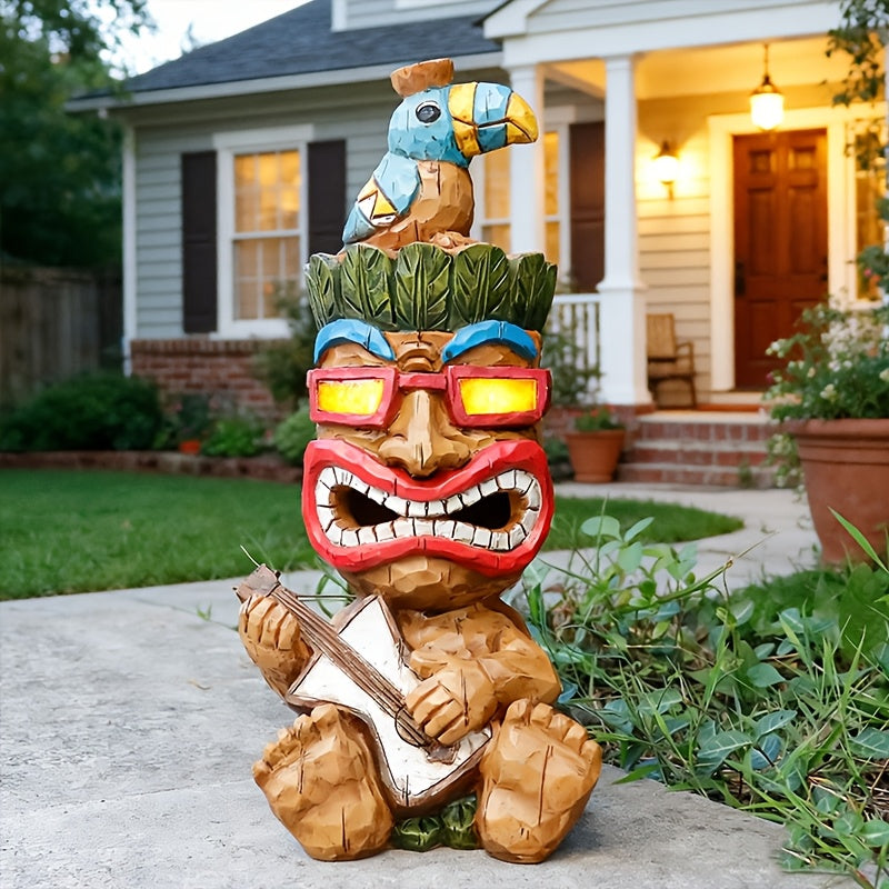 Hawaiian Tiki Statue Standing Resin Totem Pole | Woodcarving Tribal Figure Outdoor Decor for Terrace Bar Party Unique Gift