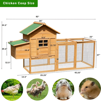 Chicken Coop with Run Large Outdoor Wooden Hen House 82 Inch Walk-in Poultry Cage for 2-4 Chickens Ducks Rabbits with Nesting Box Removable Tray Wheels