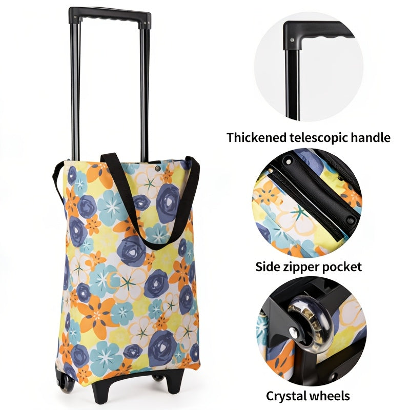 Folding Shopping Cart 2-in-1 Oxford Large Capacity Portable Tote Bag Reusable Grocery Bag on Wheels for Camping Business Delivery Market Travel Daily Use