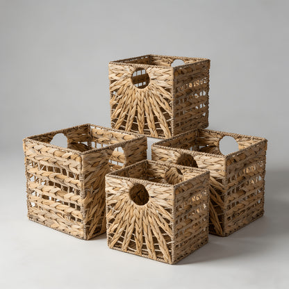 Woven Storage Baskets - Water Hyacinth, Seagrass & Paper Rope Organizer Bins for Shelves, Bathroom, Kitchen, Bedroom, Boho Home Decor