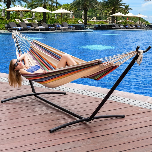 Double Hammock with Steel Stand 450 lbs Heavy Duty Portable Outdoor Indoor Carry Case Head Pillow No Assembly Camping Patio Backyard Multiple Colors