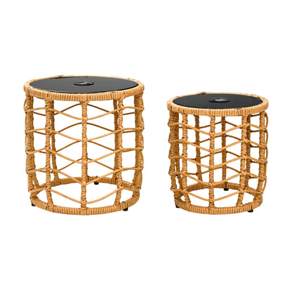 Outdoor Wicker Nesting Side Tables Set of 2 PE Rattan End Tables with Tempered Glass Top UV Resistant Waterproof Patio Balcony Deck Furniture