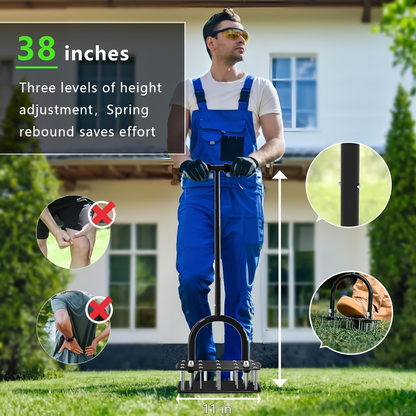Self-Cleaning Lawn Aerator with 14 Iron Spikes - Spring-Loaded Auto-Clean Mechanism for Leaves & Dirt, Manual Soil Loosening Tool for Patio, Yard & Garden Aeration