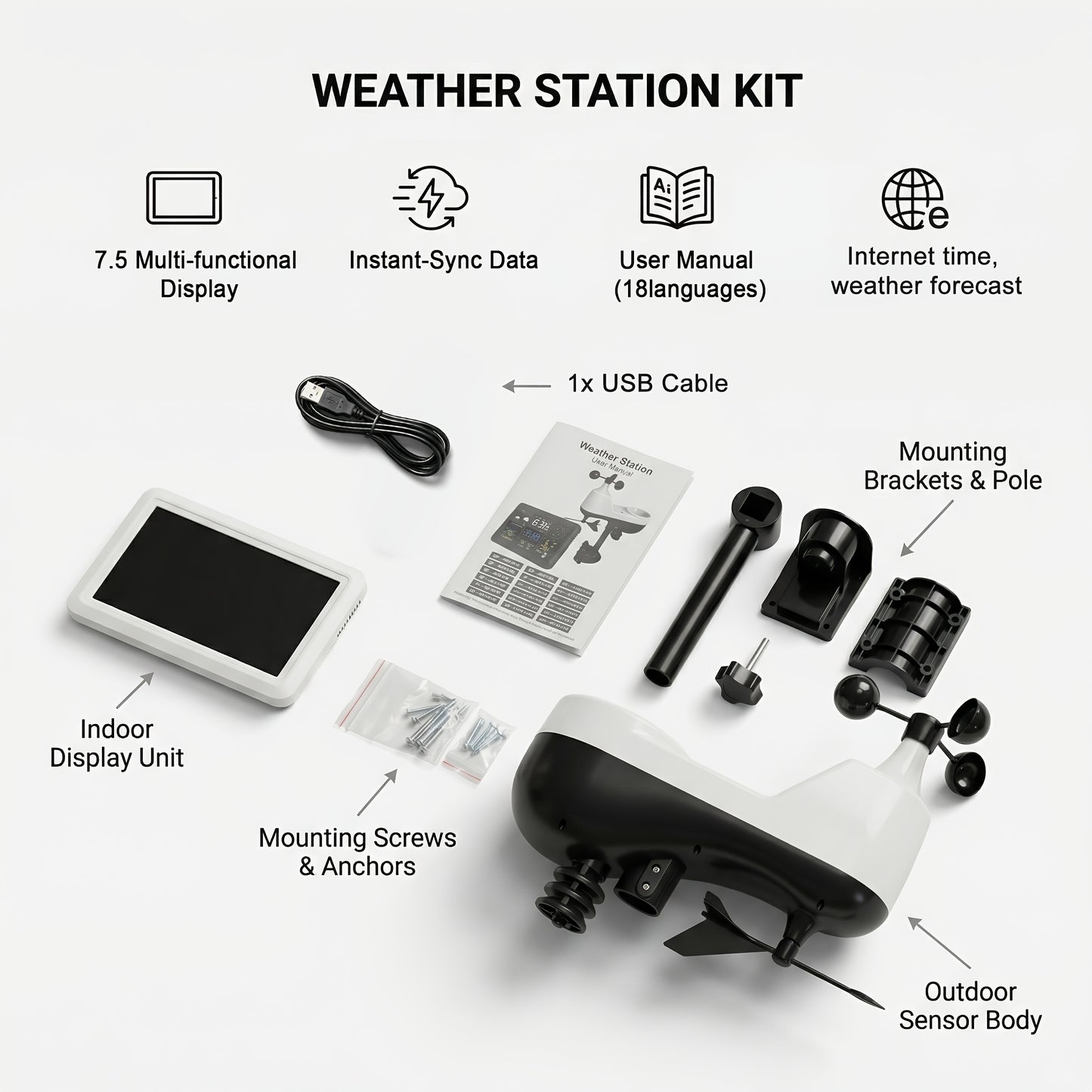 WiFi Weather Station | 7-in-1 Rain Gauge Wind Speed App Forecast