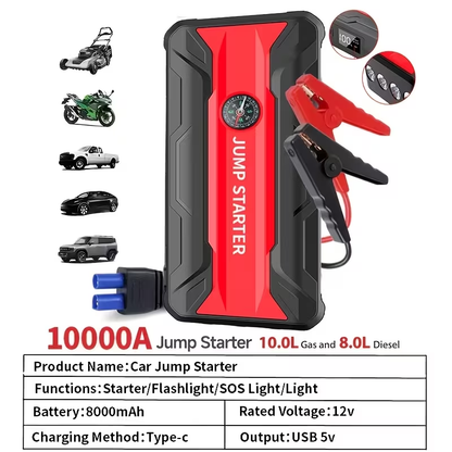 Car Jump Starter 10000A 7-in-1 Portable Battery Booster with Air Pump, Digital Tire Inflator 150PSI, LED Emergency Light for Gas & Diesel Vehicles