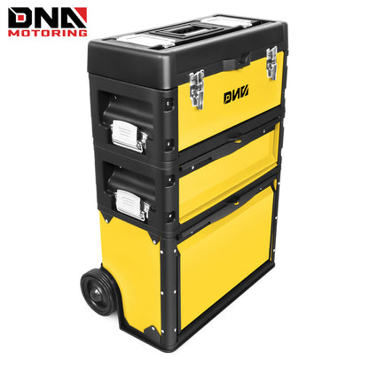 Rolling Tool Box 3-Tier Stackable Portable Toolbox with Wheels 19.5x12x28.5 Inch Steel PP 3-in-1 Detachable Compartments Metal Latches Extendable Handle for Home Workshop Garage Job Site