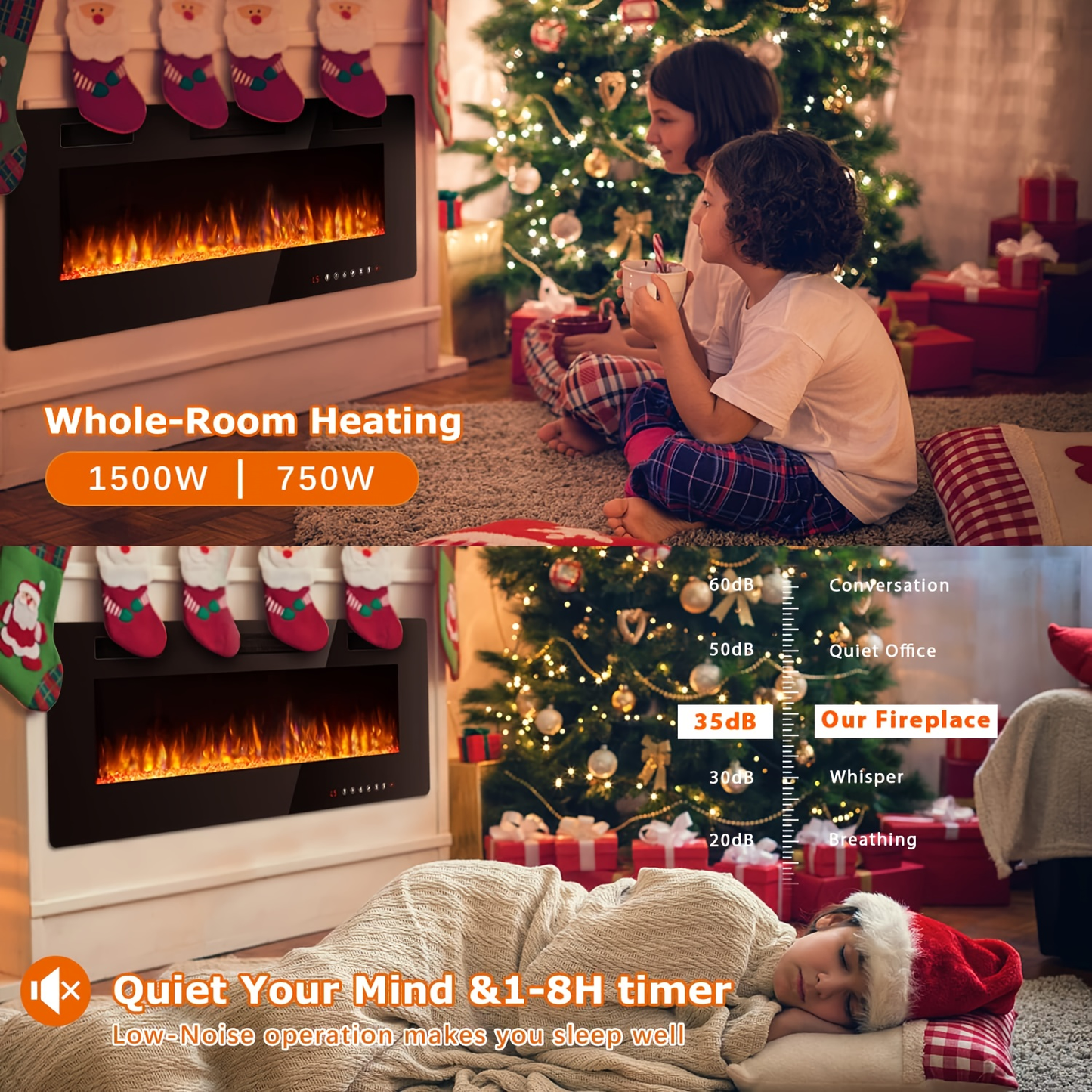Wall Mounted Electric Fireplace Recessed In-Wall Linear Heater Multicolor Flame 750W/1500W Touch Screen Remote Timer Low Noise 30-60 Inch