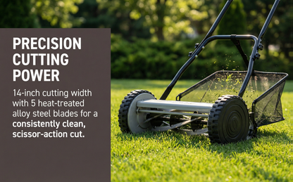 Reel Lawn Mower 14-Inch 5-Blade Manual Push with Grass Catcher, Adjustable Height 0.6"-1.8", Quiet No-Gas Walk-Behind Mower for Small Yards, 13.6 lbs Lightweight