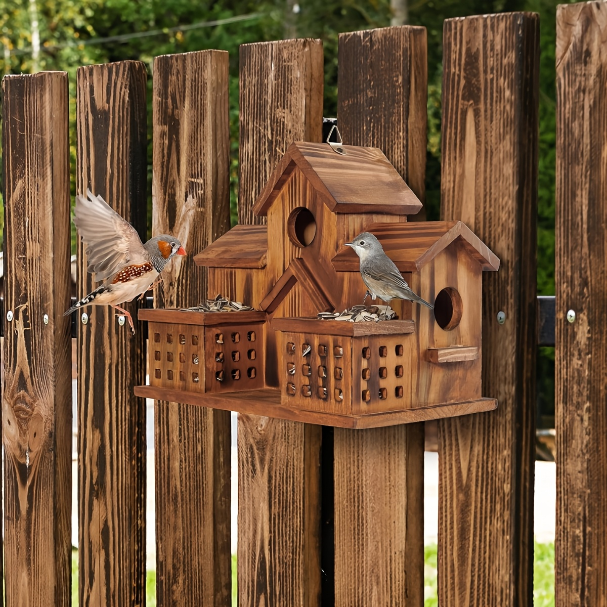 Hummingbird House Outdoor Large Birdhouse with Feeder, 3-Hole Natural Handmade Wood Bird House for Bluebird, Backyard Garden Decor, Living & Feeding Two-in-One